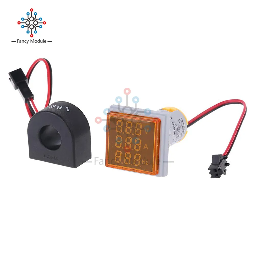 Square Yellow Diymore 22 мм квадратный/круглый светодиодный Вольтметр Амперметр Герц метр AC 50-500 В 0-100A 20-75 Гц Ампер Вольт Частотный индикатор с катушкой - Цвет: Square Yellow