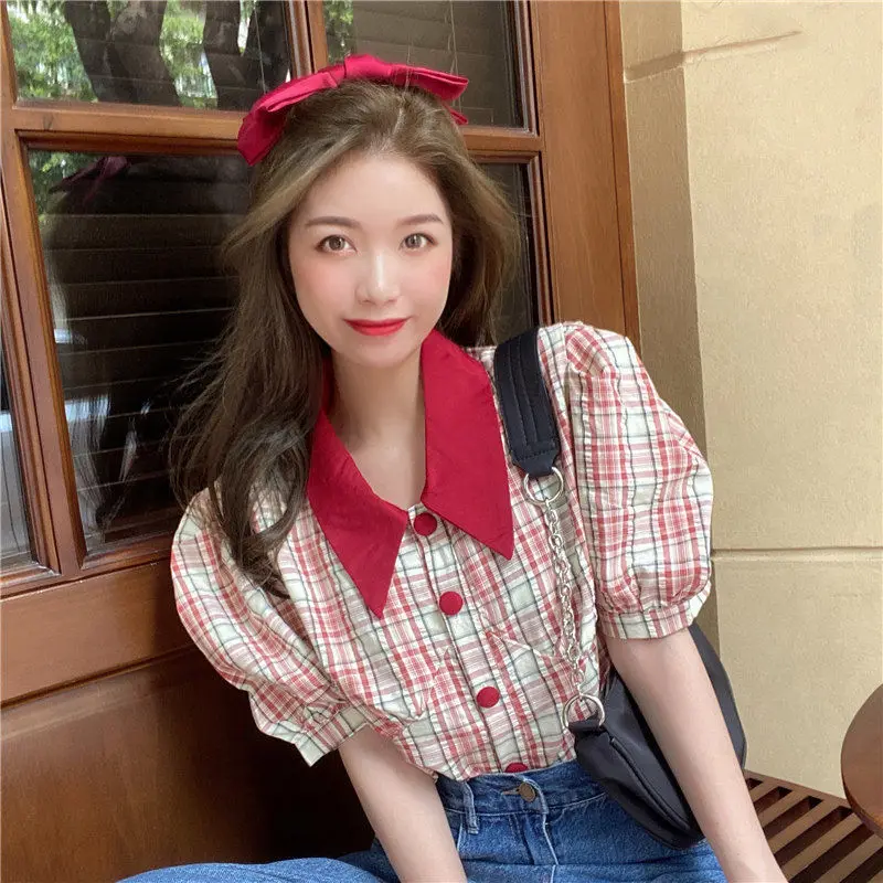 Женская летняя Клетчатая рубашка HOUZHOU в Корейском стиле с пышными рукавами |
