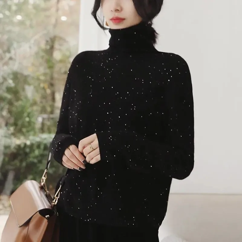 

Женский свитер осень-зима пуловер с блестками и высоким воротником с длинным рукавом приталенный универсальный модный Приталенный топ Жен...