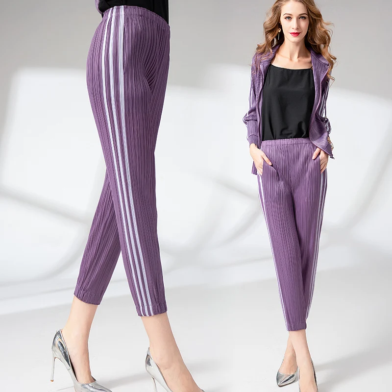 

Женские эластичные брюки размера плюс, плиссированные спортивные брюки миаке, женские полосатые повседневные Стрейчевые облегающие брюки ...