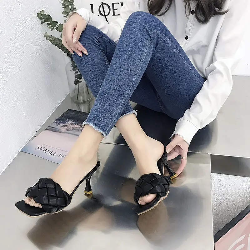 

2021 summer new square-toe slippers with stiletto heels
