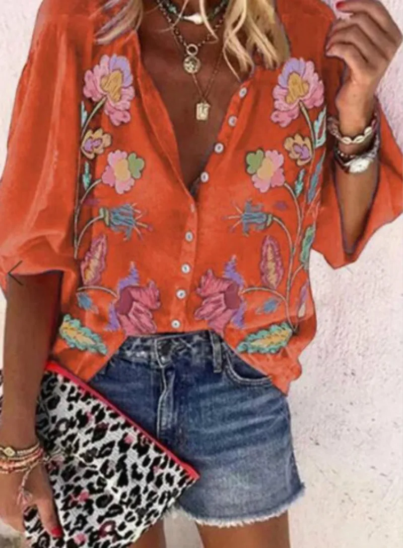 

Summer Woman Shirt Loose V-Neck Single Breasted Print Ladies Blouses Street Fashion Five-Point Sleeve Female Party Femme New