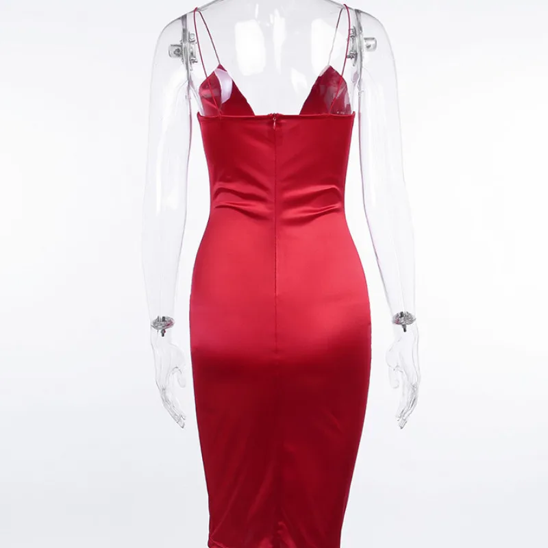 

Knee-Length Deep V Neck Dress Sleeveless Backless Bodycon Elegant Women 2021 Summer Sexy Evening Party Slim Dresses
