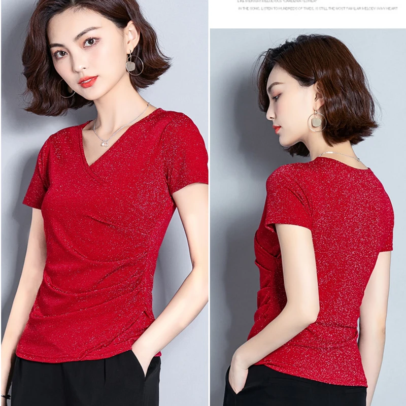 Модная однотонная блузка с коротким рукавом женские летние блузки 2019 v образным
