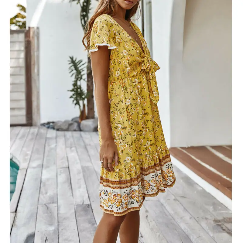 

New Summer Dress Women Boho Floral Short Sleeve V-Neck Casual Beach Dress Sundress Party Dress Vestidos