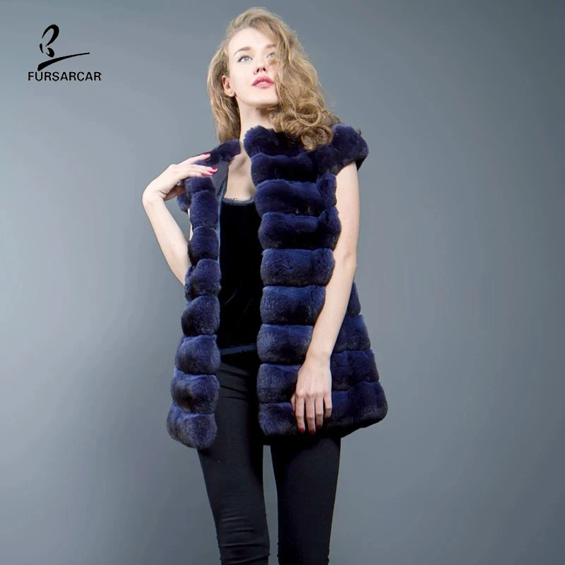 FURSARCAR 2021 Luxury Female Real Rex Rabbit Fur Coat Thick Warm Winter Women Genuine Natural Rabbit Fur Vest  Chinchilla Jacket