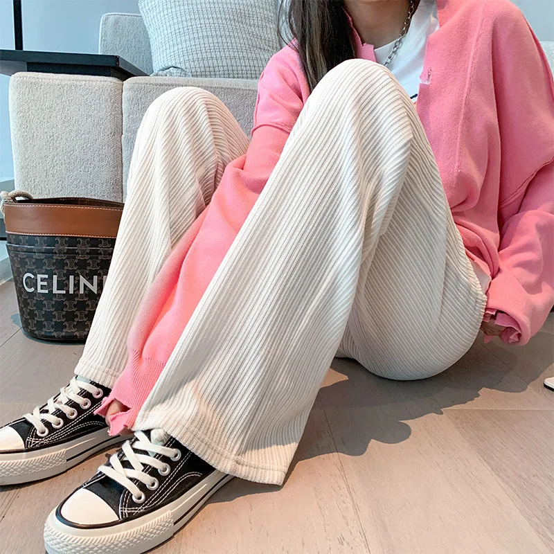 

Fashion Women Ribbed Wide Leg Pants Autumn Fleece Sweatpants Y2k Trousers High Waist Pants Cute Loose Bottoms Joggers Pants