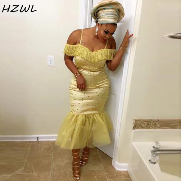 

Вечерние платья-русалки Tea_Length Aso Ebi, с открытыми плечами, с кисточками, с бисером, для выпускного вечера, размера плюс
