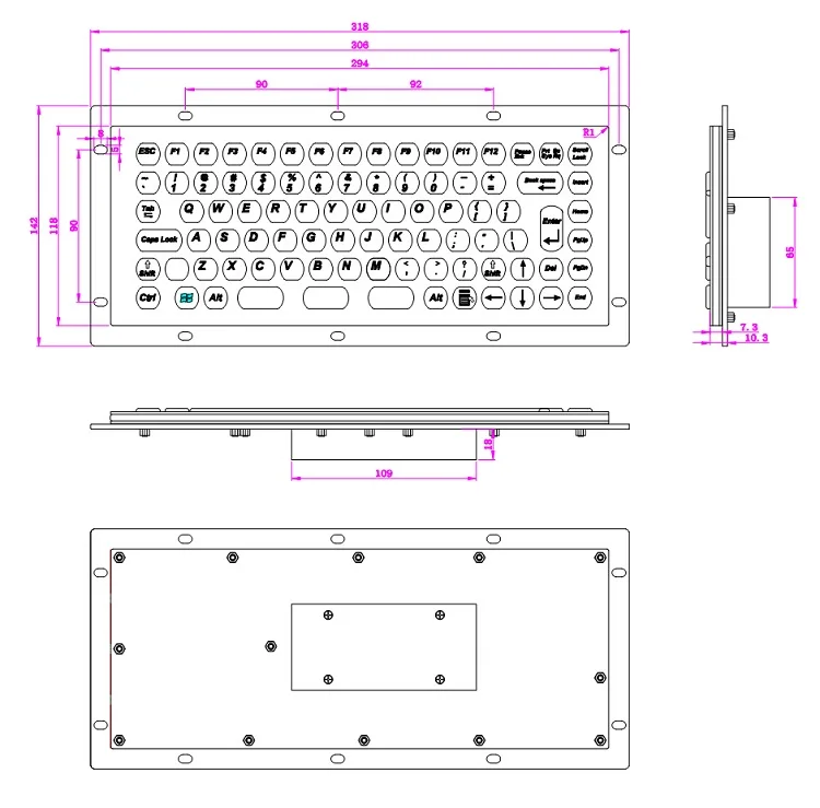 Металлическая промышленная встроенная клавиатура из нержавеющей стали для
