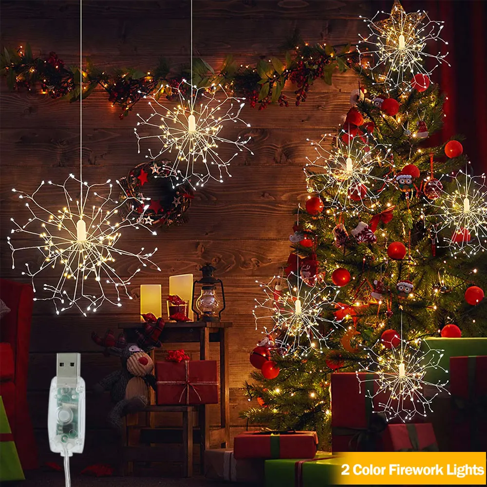 

New 4Pack Firework Lamp 120 LED Copper Wire Decorative Garden Lights USB Powered Dimmable Starburst Lights with Remote String