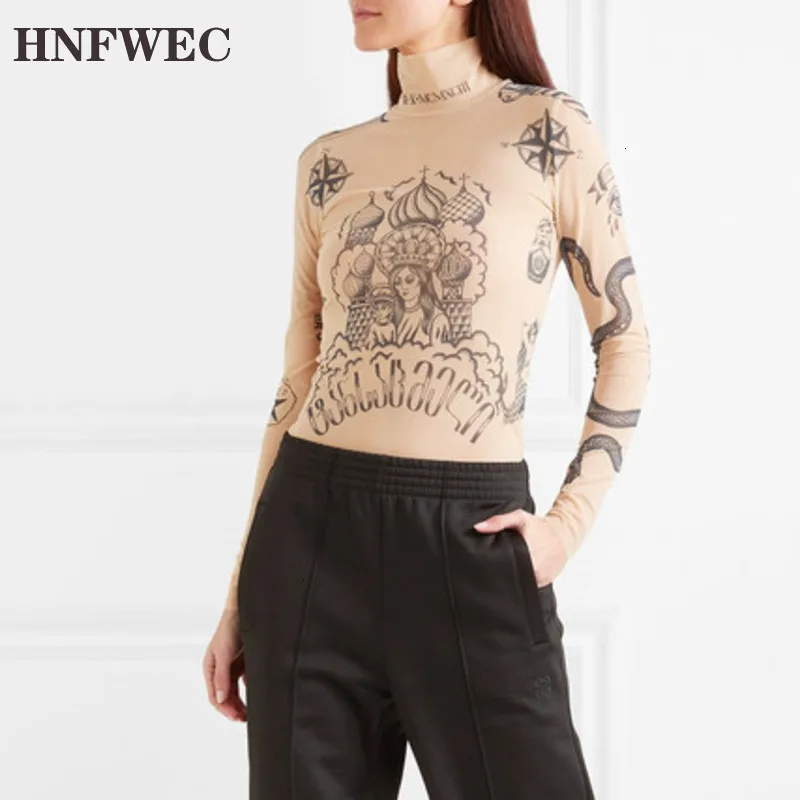 

2021 NEW FASHION WOMEN Elasticity Print Tops Vintage Sexy Sun-proof Autumn Turtleneck Mesh Yarn Blouse Shirt Tatoo Y002