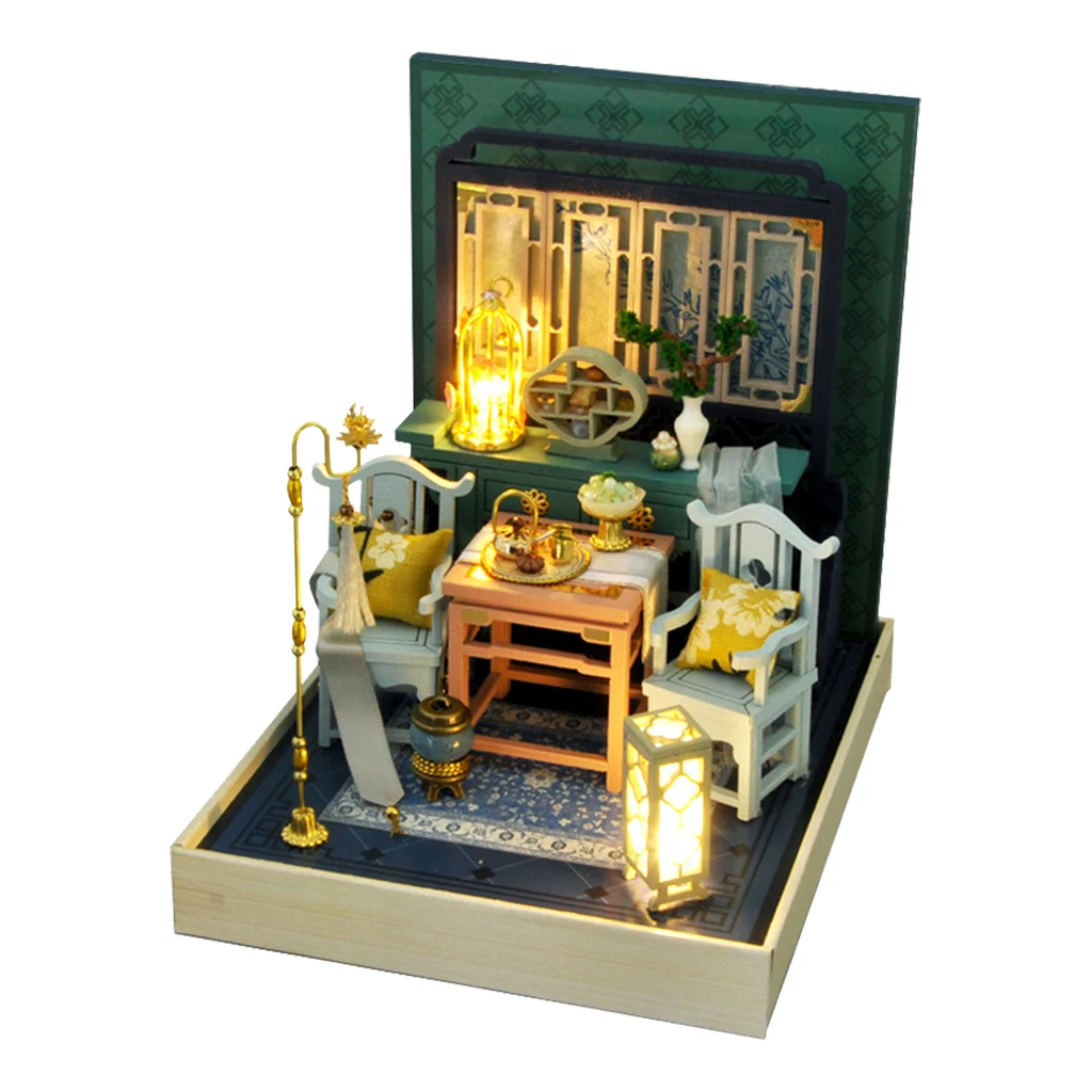 

DIY Creative Wood Chinese Style Dollhouse With Vintage Retro Furniture LED Light Living Room Chinese House Doll House Gift