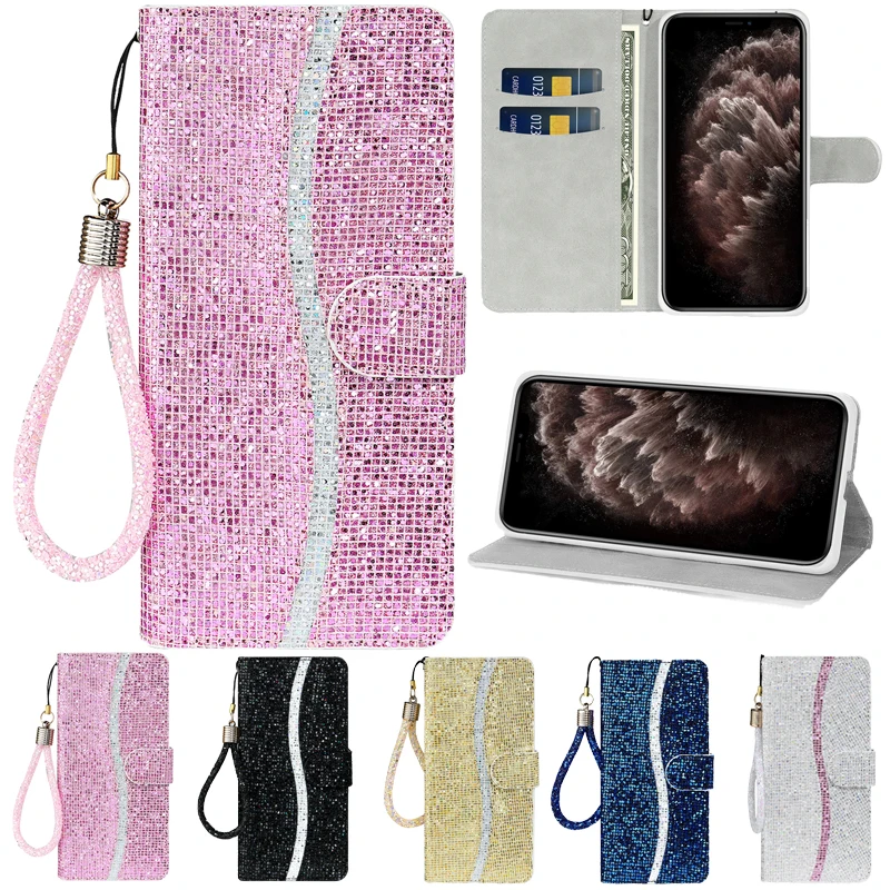 

Glitter Glitter New Anti-fall Wallet Case For iPhone 6 6S 7 8 Plus 11 12 Pro Max 12 Mini X XS Max XR SE2020 With Hand Strap Case
