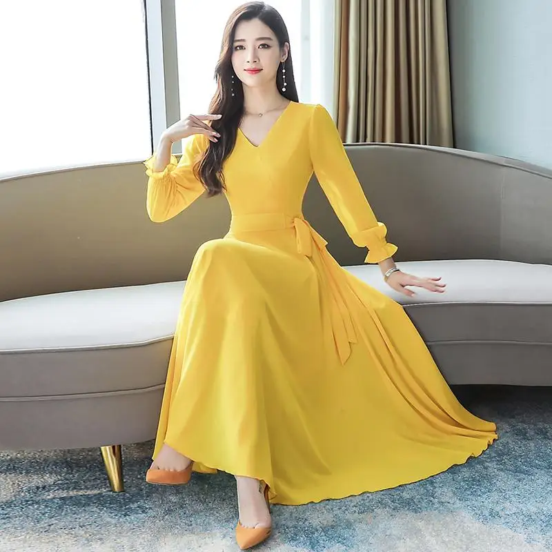 Женские винтажные однотонные платья Макси с длинным рукавом весна осень 2020