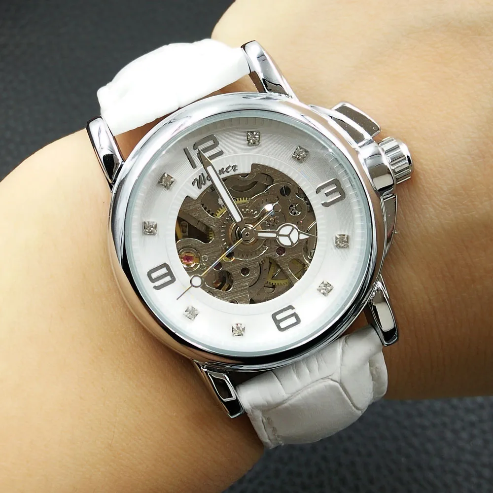 Женские часы Дамы Скелет механические с автоматическим заводом белый кожаный