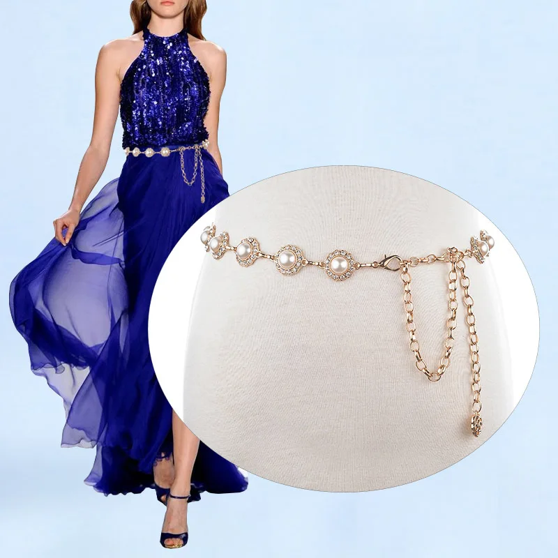 Женская имитация золота поясная цепочка с жемчугом в западном стиле украшением