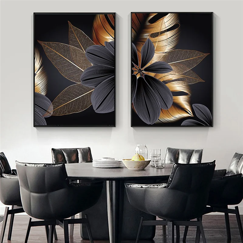 

Nordic Black Golden Plant Leaf Canvas Painting Modern Abstract Wall Art Poster Print Pictures for Living Room Home Decor