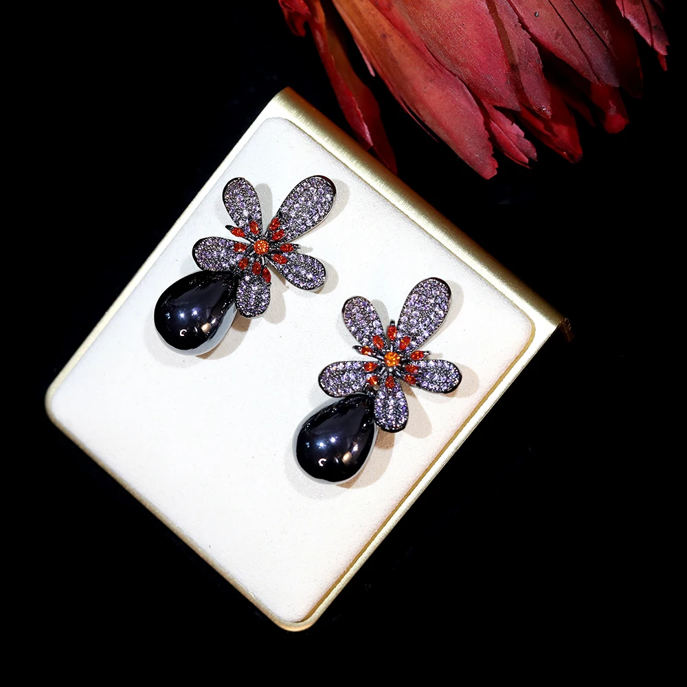 Серьги женские с черным жемчугом и розовым цветком фианитом E0049 | Украшения