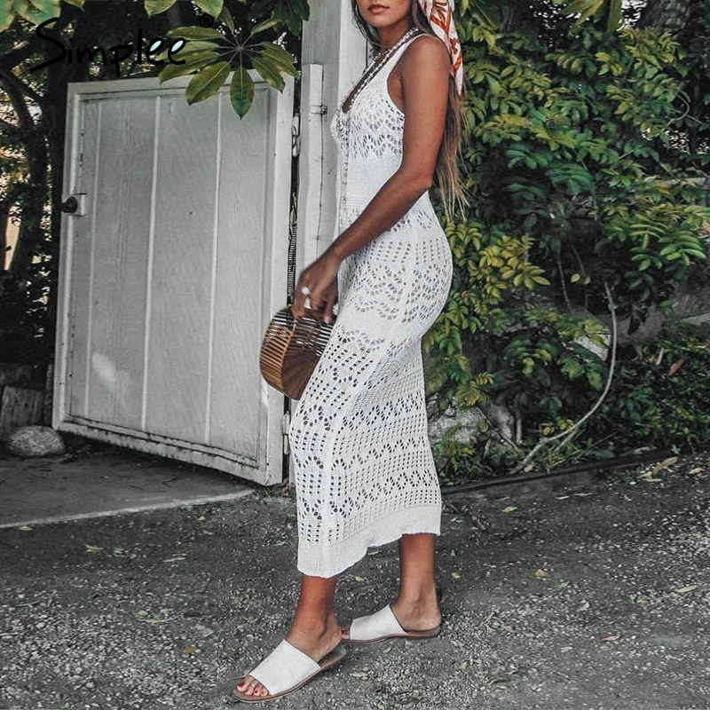 Летнее женское длинное платье Simplee вязаное богемное ажурное пляжное с O-образным