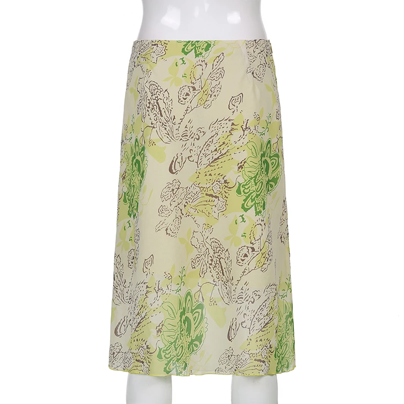 

Hand-Painted Green Y2k Skirt Girls Summer Chic Fashion 2021Floral Printed Casual High-Waisted Midi Skirts For Women Streetwear