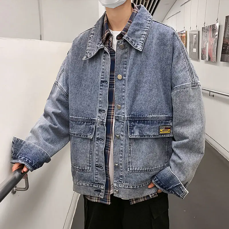 

New Cotton Denim Jacket Men Casual Solid Color Lapel Single Breasted Jeans Jacket Loose Men Autumn Slim Mens Coat