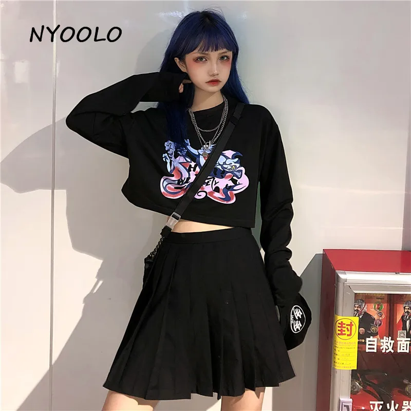 NYOOLO Harajuku стиль spoof мультфильм печати футболка осень уличная свободная o-образным вырезом с длинным рукавом Футболка женская мужская одежда Топ