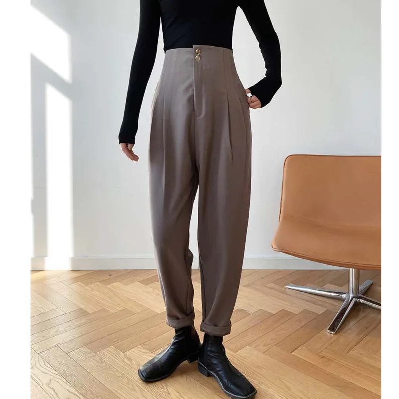 

Брюки-султанки женские с завышенной талией, дизайнерские свободные прямые штаны с двумя пуговицами, модные повседневные однотонные штаны, ...