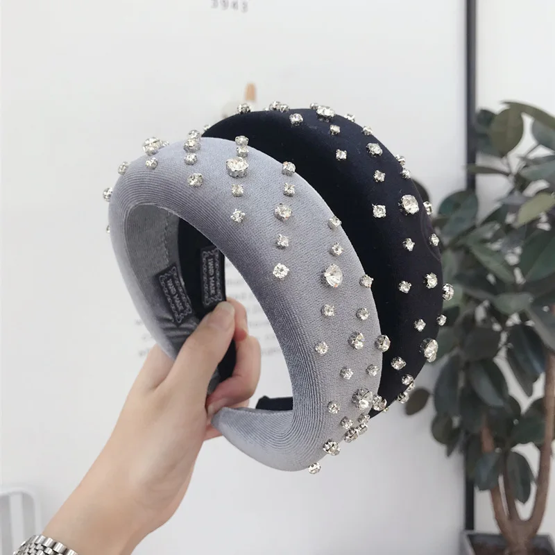 

Europe Women Padded Headbands Girls Fashion Hair Accessories for Women Hair Hoop Velvet Sponge Rhinestone Hairband