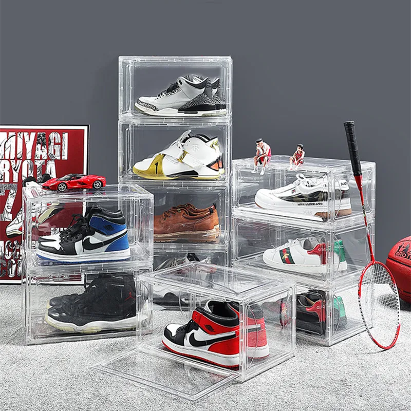 

Shoe Box Transparent High Top Sneakers Storage Box Acrylic Shoes Cabinet Anti-oxidation Side Opening Drawer Type for Sports