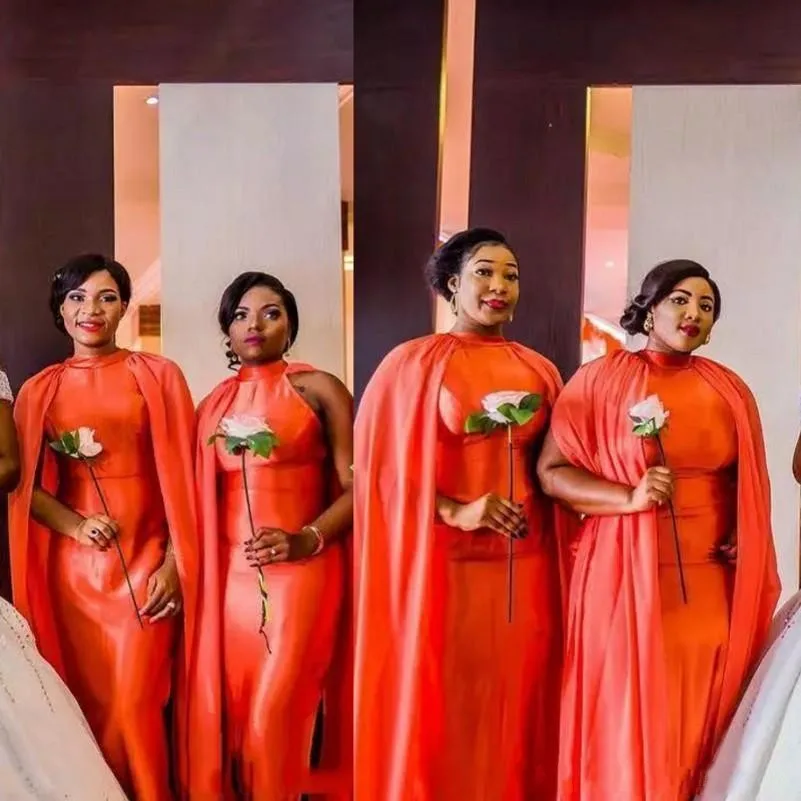 

African Sheath Bridesmaid Dresses with Cape Orange Plus Size Wedding Guest Gowns Maid of Honor Dresses Cheap Simple