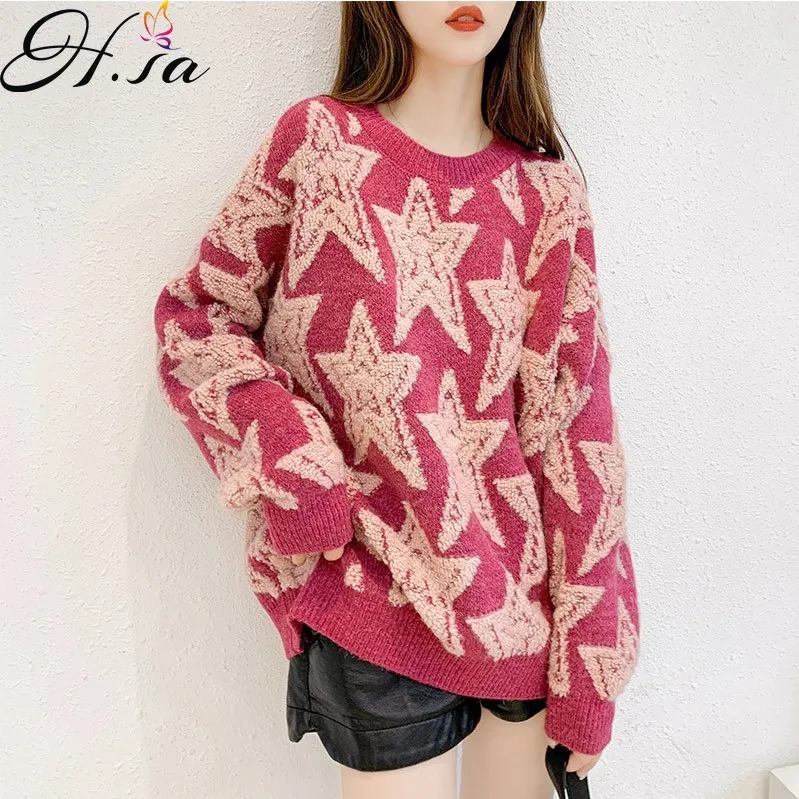 

Hsa Winter 2021 Crew Neck Pullover Sweater Women's Loose Outer Wear Autumn And Winter Korean-Style Stars Embroidery Sweater Top