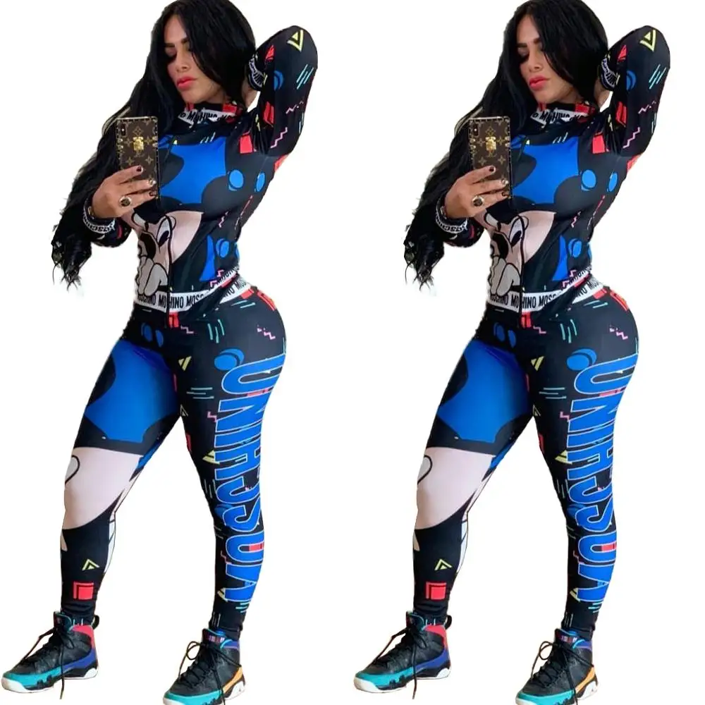 Fashion tide cartoon spliced lady sports suit full sleeve jackets and skinny pants 2 piece set casual sweatsuit | Женская одежда