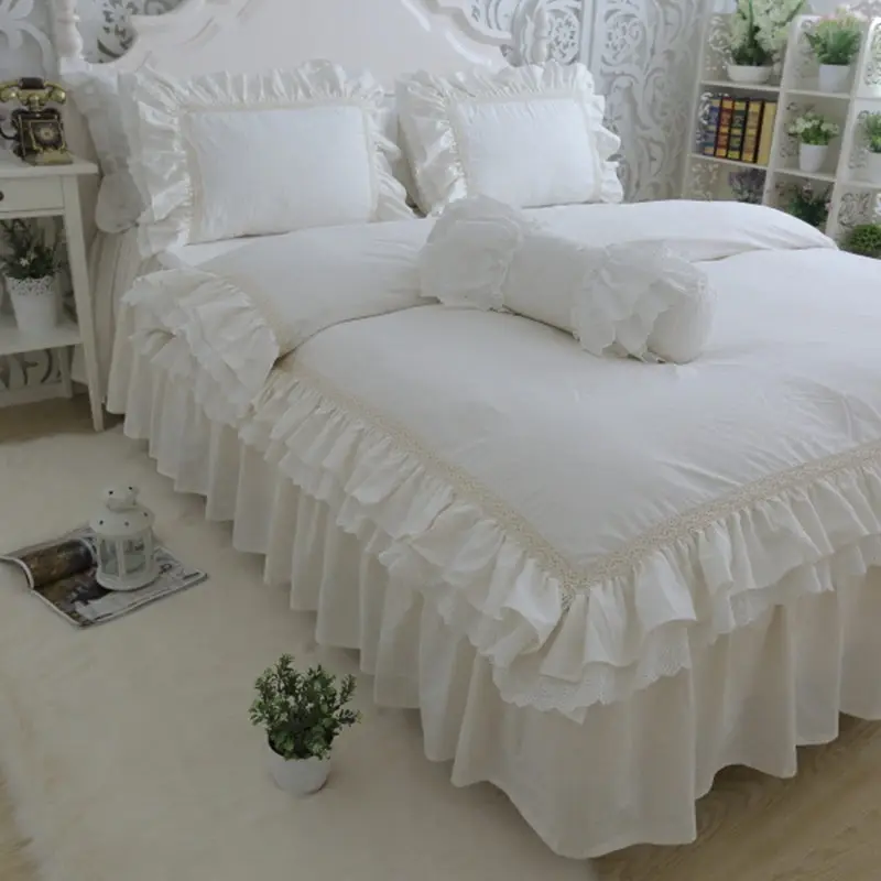 Top luxury bedding set queen size embroidery ruffle lace duvet cover creamy-white bedspread princess bed beige pillowcase HM-17W