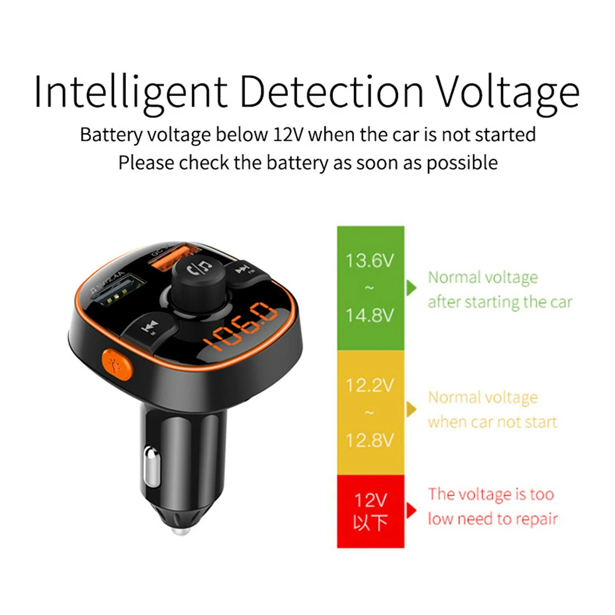 

5V/2.4A QC3.0 Quick Charge Wireless Bluetooth Hands-Free Digital Display FM Transmitter Kit Suitable For 12V/24V Vehicles