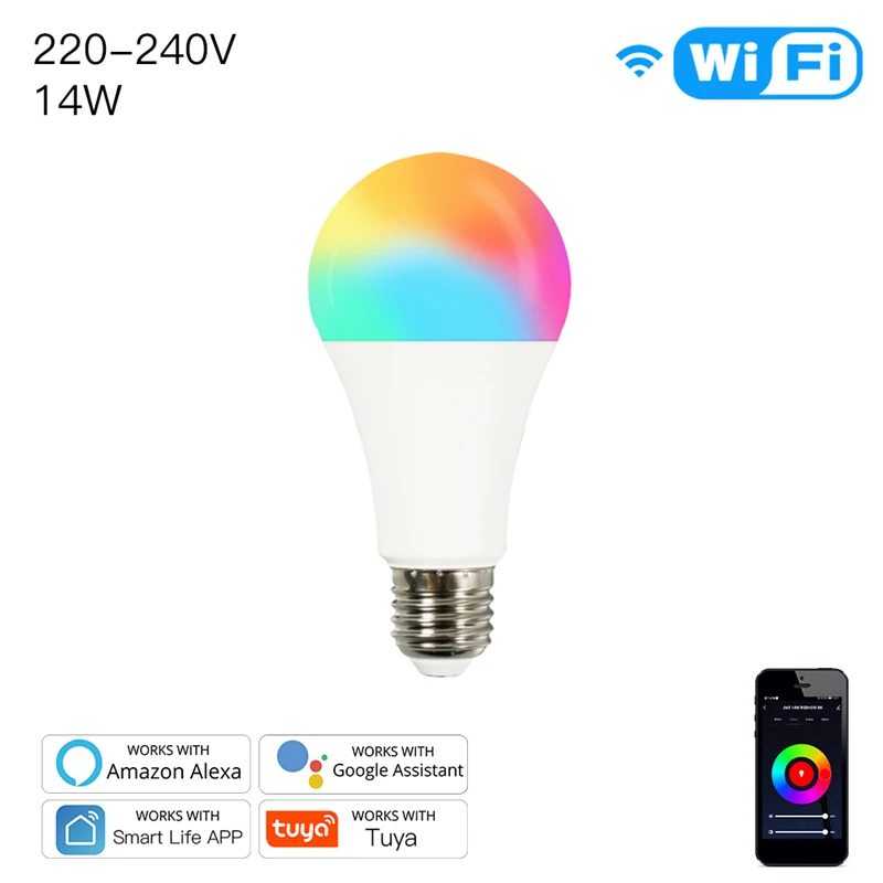 

WiFi Smart Lamp LED Dimmable Bulb 14W RGBCW E27 Smart Life/Tuya App 220-240V Lamp Remote Control Timer For Alexa Google Home