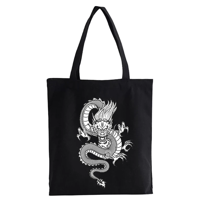 Холщовая сумка-шоппер с принтом дракона Вместительная женская сумка в стиле
