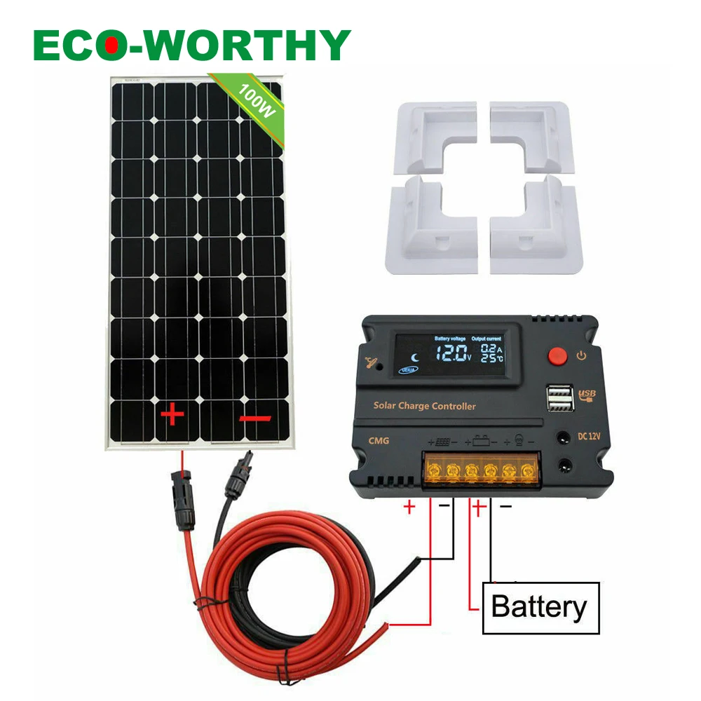 Комплект солнечных панелей ECOWORTHY 100 Вт, 12 В, зарядка от аккумулятора, 10 А/20 А, контроллер, караван, лодка, домашняя, RV, солнечная батарея, 200 Вт, 300 Вт, солнечное зарядное устройство