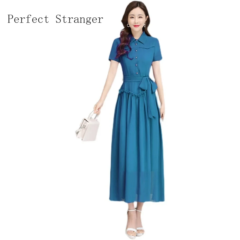 

2021 Summer New Arrival Hot Sale Turn-down Collar Ruffles Solid Color Short Sleeve M-3XL Women Long Chiffon Dress