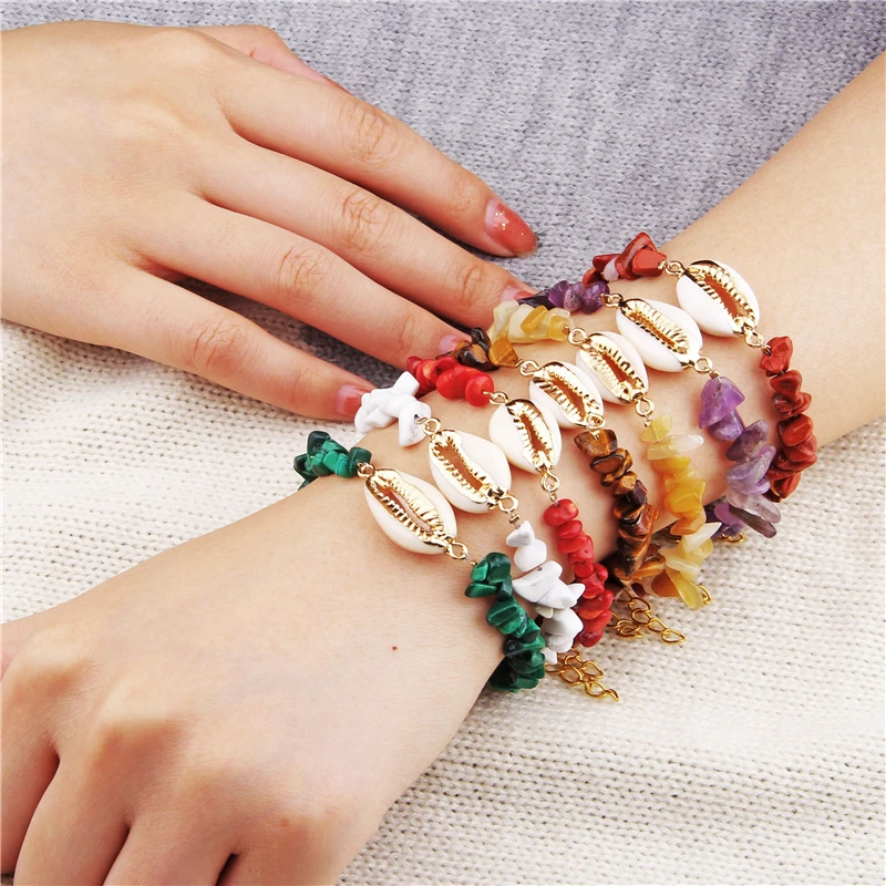 

Shell Charm Amethysts Bracelets Quartzs Crystal Reiki Meditation Metal Chain Natural Stone Chips Bangles For Women Girl Jewelry
