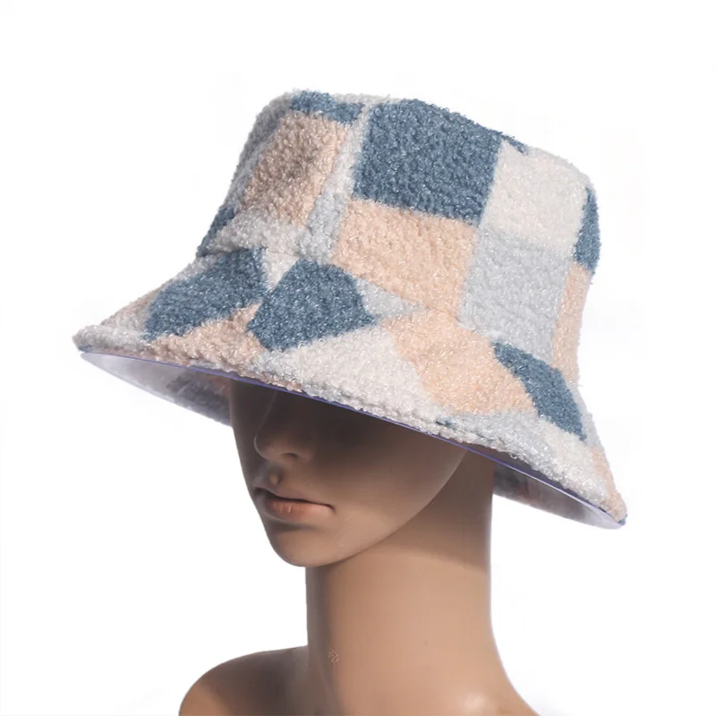 

2021 New Cap Autumn Adult Fisherman Hat Ins Female Japanese Lamb Velvet Plaid Basin Hat Outing to Keep Warm Plush