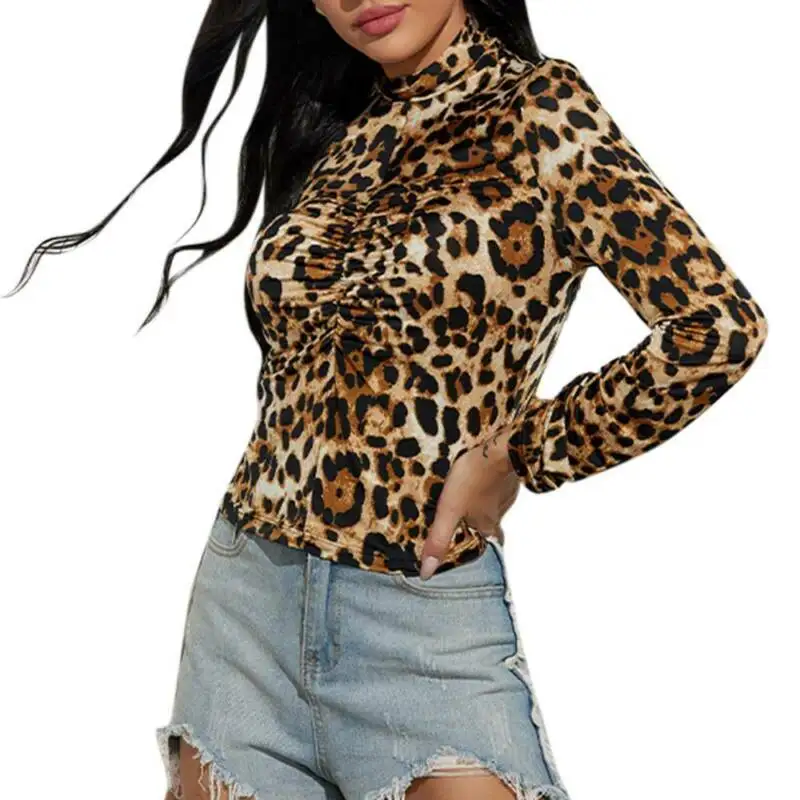 

Ladies Casual Stretchy Basic Shirt Tops Tops Sexy Fashion Women Leopard Print Long Sleeve Blouse