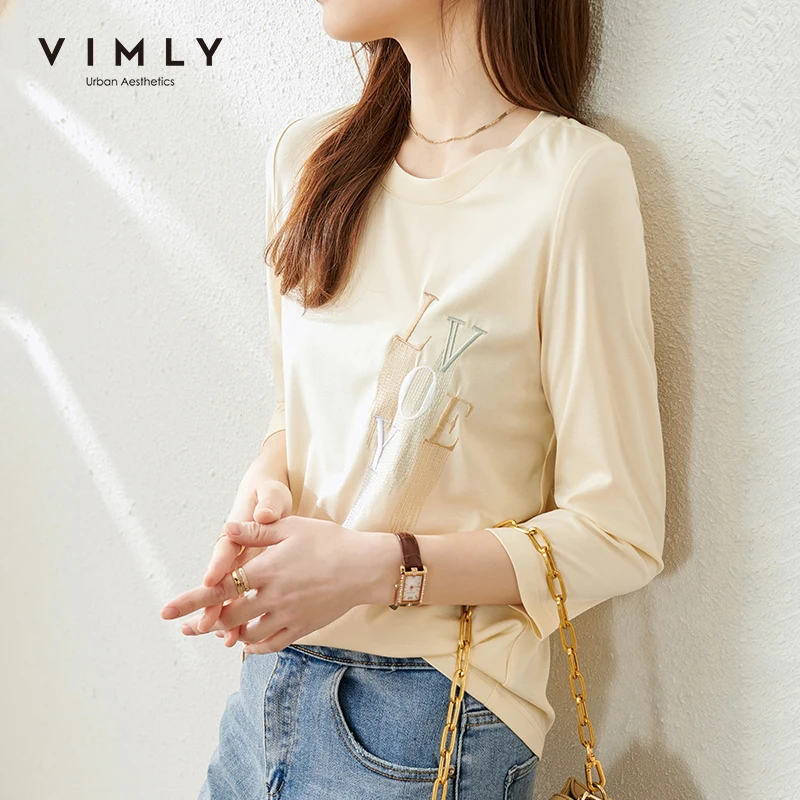 Футболка VIMLY Женская с длинным рукавом модный Свободный пуловер круглым вырезом