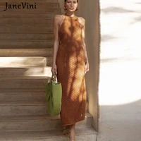 janevini fashion knitted hollow out long beach dresses stretch tie up summer split halter dress for women backless robe de plage