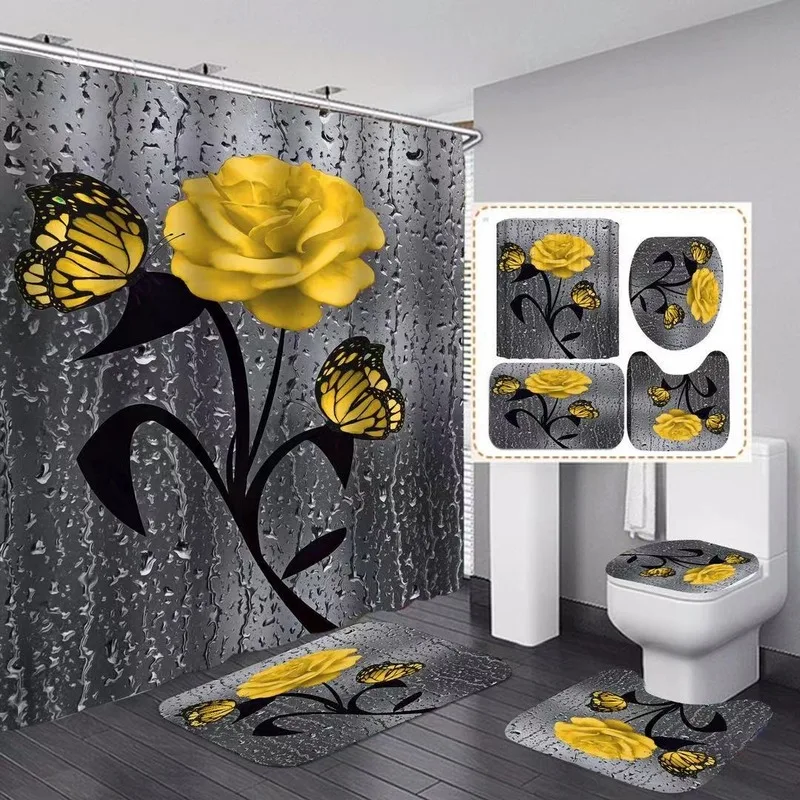 

10 Types Bathroom Non-slip Mat Set Durable Waterproof Shower Curtain Set Pedestal Rug Lid Toilet Cover Bath Mat Rugs