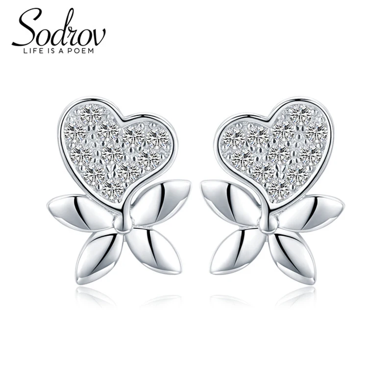 

SODROV 2019 New Hot Romantic 925 Sterling Silver Jewelry Natural Heart Butterfly Party Stud Earrings for Women Bijoux I127