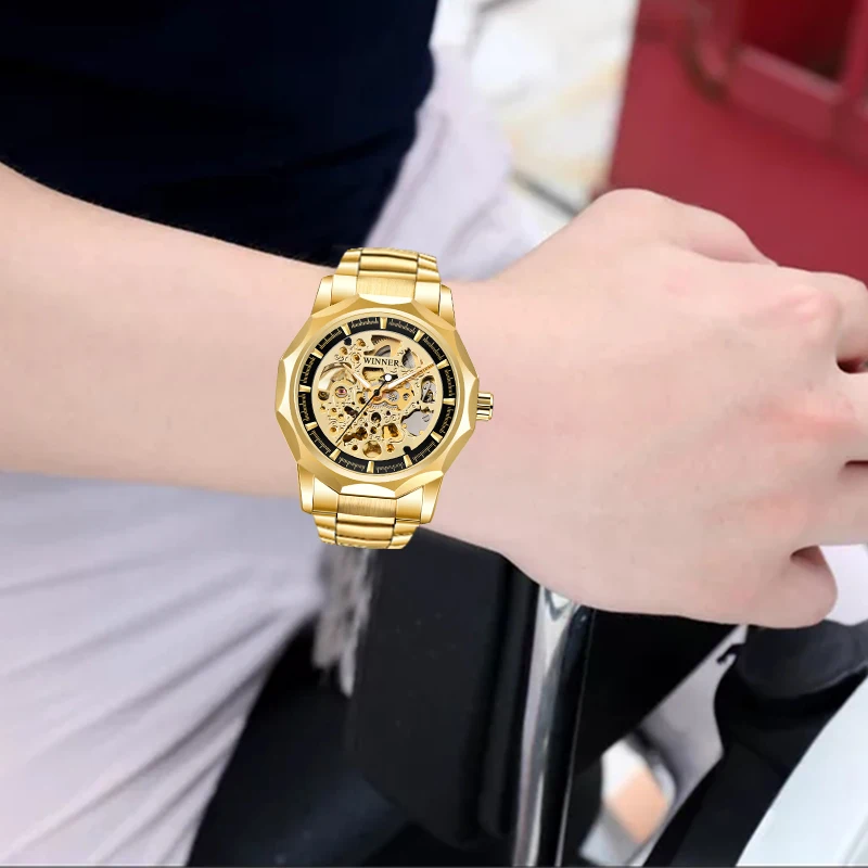 Мужские автоматические механические часы WINNER роскошные золотые из нержавеющей