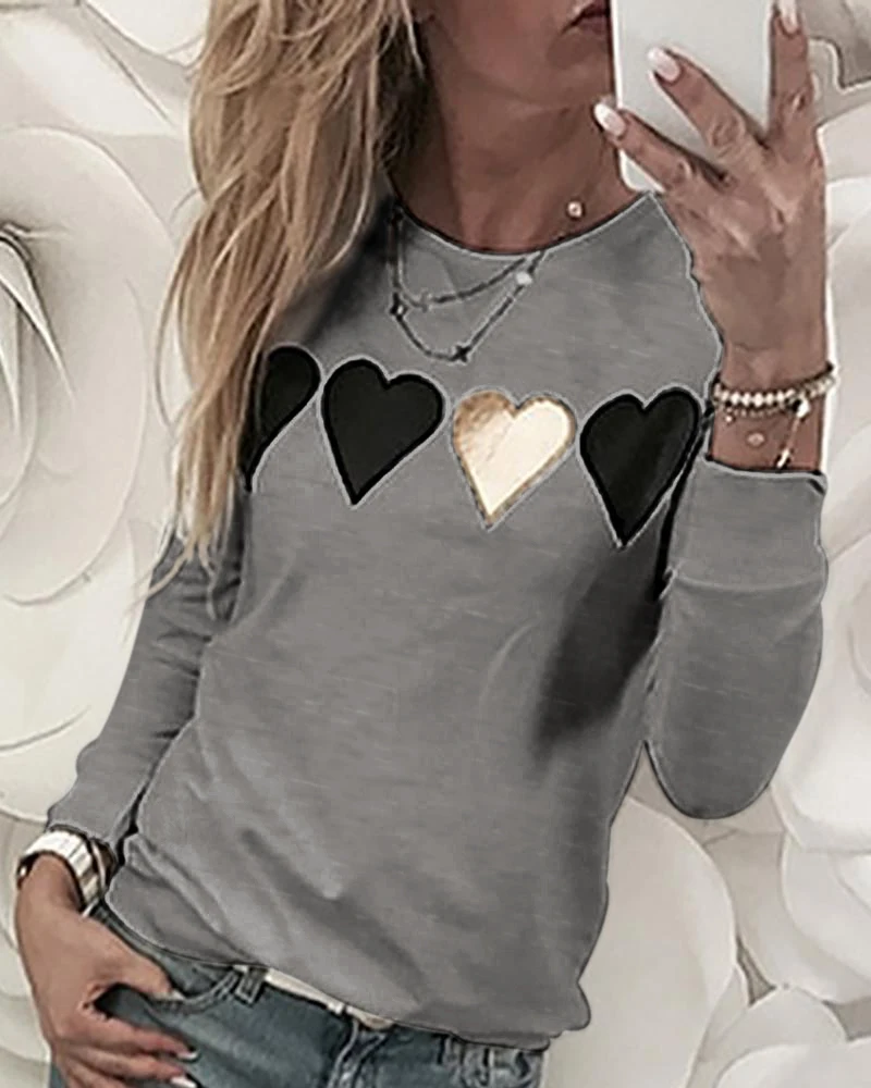 

Heart Stickers Long Sleeve T Shirt Women O Neck Casual Sweatshirt