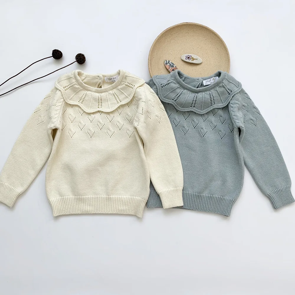 

HOT Baby Girls Sweater 2-7 Years Old Ruffles Collar Children's Sweater Princess Hollow Out Solid Color Bottoming Kids Sweaters