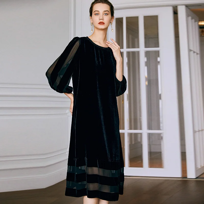

SHZQ Black Silk Velvet Dress Autumn Dress 2021 New Feminine Mulberry Silk Bubble Sleeve Medium Length Women's Dress
