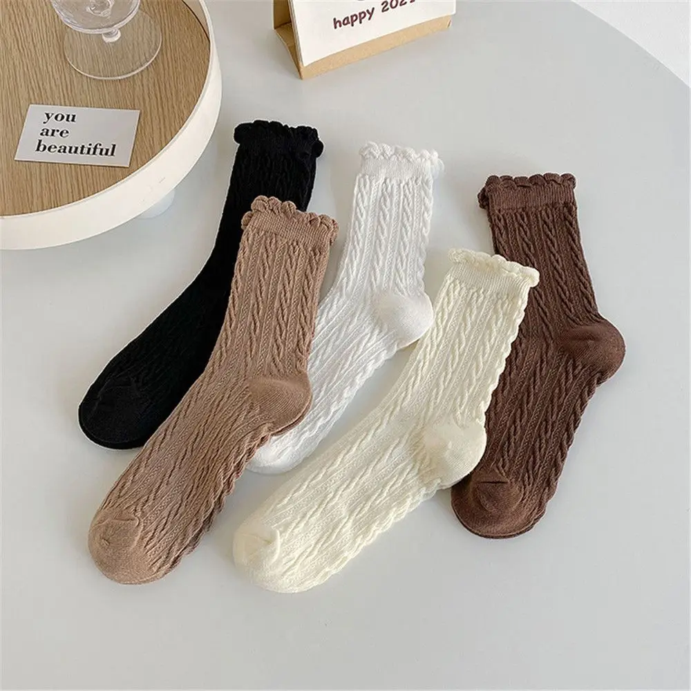 

Autumn Winter New Solid Color Lace Socks Simple Versatile Japanese Cotton Socks for Women Black White Lolita Student Socks
